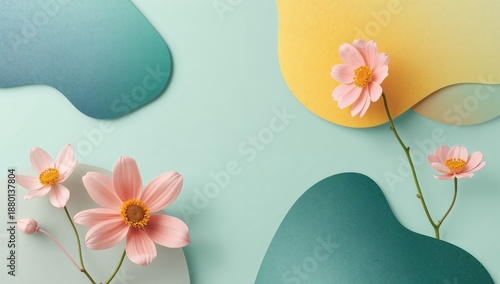 Flowers Placed on a Colorful Background With Layered Shapes in a Creative Arrangement