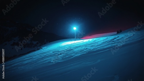 Winter Night Scene With Bright Light on Snowy Hill in the Mountains