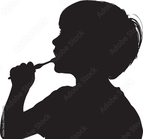 Young Boy Silhouette Brushing His Teeth, Daily Dental Hygiene and Morning Routine for Children