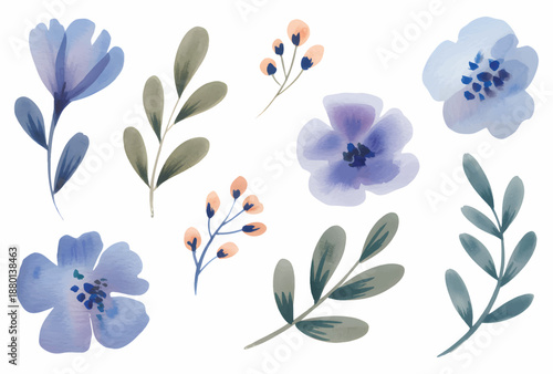 Purple watercolor flowers with buds and leaves isolated on white background.

