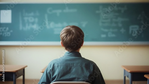 Student Stands in Classroom Looking at Blackboard During Lesson in Early Morning