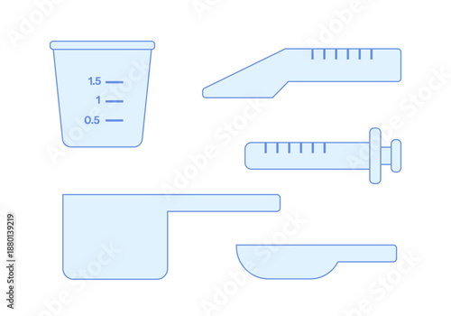 Set of various dose measurers for liquid medications: cup, spoons, syringe.