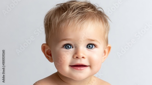 A baby with blue eyes and a blonde head. The baby is smiling and looking at the camera © Nataliia_Trushchenko