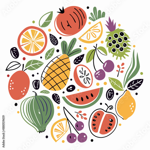 Colorful Hand-Drawn Fruit and Vegetable Circle Pattern