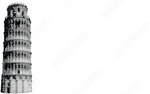 Leaning tower of pisa halftone illustration for travel concepts and historical architecture designs featuring vintage comic book style with stippled texture and landmark silhouette for creative work