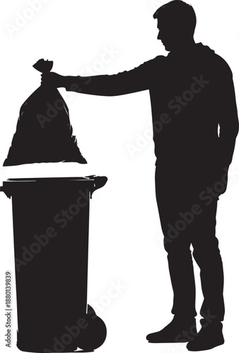 Silhouette of a Man Disposing of a Garbage Bag into a Wheelie Bin, Waste Management and Sanitation