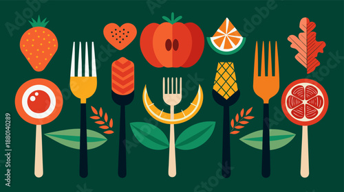 Gourmet Food Icons on Forks Vector Illustration Set