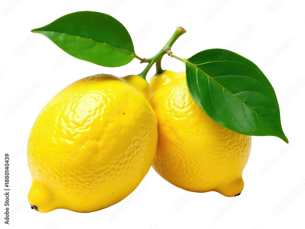 Naklejka premium Fresh lemons with green leaves on a clean white surface, great for food or lifestyle photos