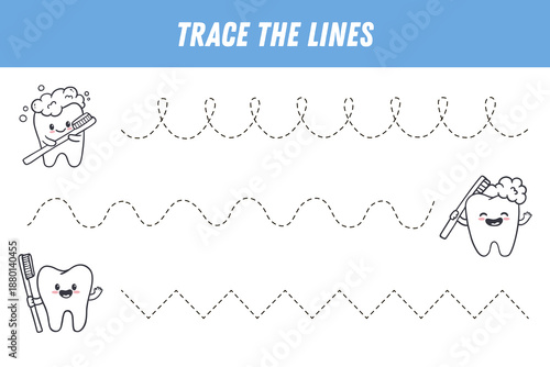 Tracing lines for kids. Cute cartoon teeth. Handwriting practice. Educational game for preschool kids. Activity page. Vector