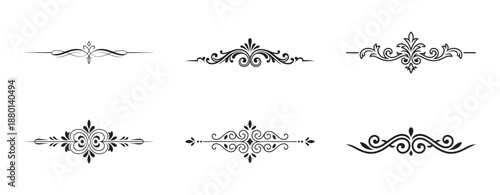 Six black vintage calligraphic dividers and scroll elements for decoration.