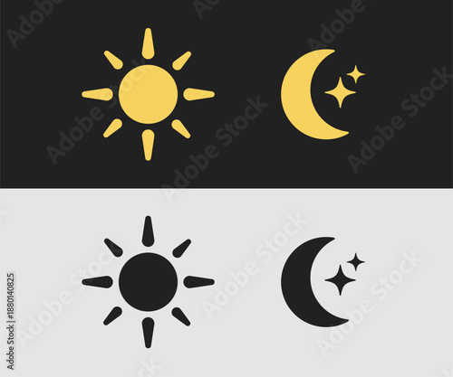 Sun and moon flat icons set isolated on dark and white. Day and night, light mode and dark mode switches for website