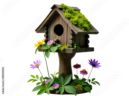 A small wooden birdhouse with a green roof and purple flowers © Fotograf
