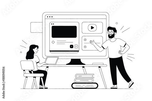 Man explaining a large computer screen to a seated woman with a laptop