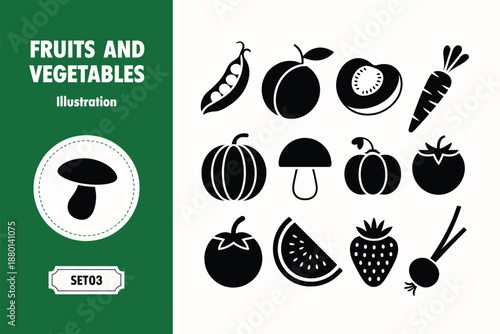 Minimalist black and green fruits and vegetables set