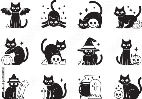 Black Cats with Halloween Themes and Symbols witch hat