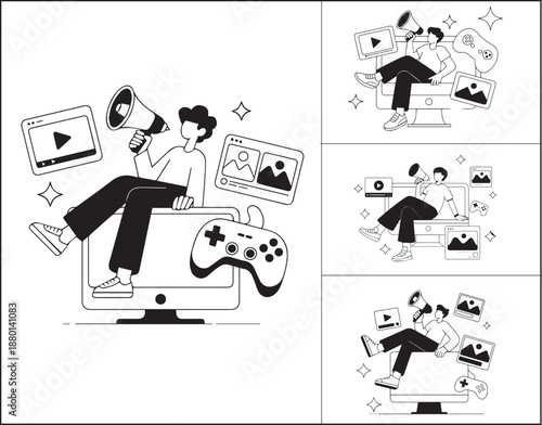 Person Sitting on a Computer with Game Controller and Megaphone