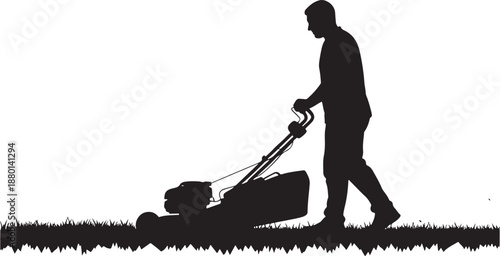 Silhouette of a Man Mowing the Lawn with a Lawnmower, Gardening and Yard Maintenance Concept