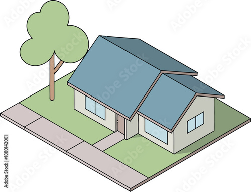 House clipart isometric cottage with tree yard and blue roof
