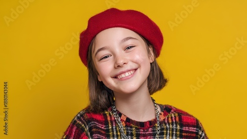 Girl grinning with Scottish Straight cat against yellow backdrop