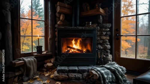 Wallpaper Mural Cozy Fireplace in Rustic Cabin Surrounded by Autumn Leaves and Warm Atmospheric Lighting. Seamless looping 4k video background  Torontodigital.ca