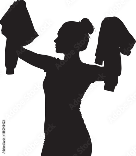 Silhouette of a Woman Holding Up Clothes and Choosing an Outfit, Fashion and Dressing Up Concept