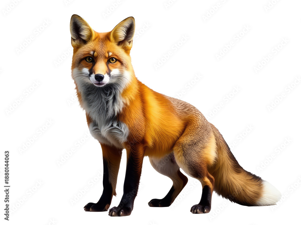 Fototapeta premium A single red fox standing in front of a plain white background, with no distractions