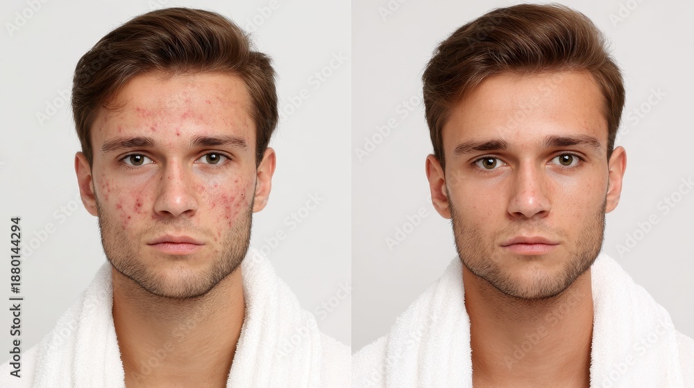 Fototapeta premium Young man pre and post acne treatment on plain background Skincare idea