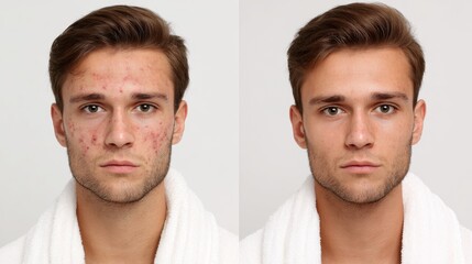 Young man pre and post acne treatment on plain background Skincare idea