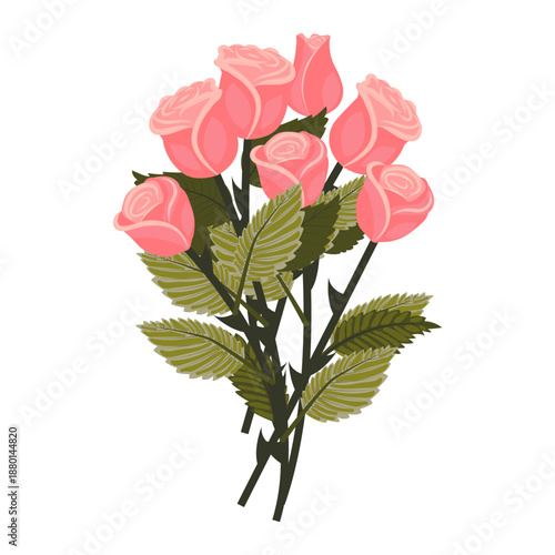 A bouquet of seven light pink roses and buds. Openwork illustration isolated on a white background.