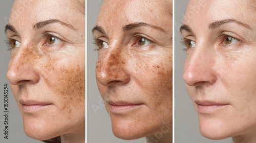 Three images show the effects of treatment on skin issues like freckles pores dullness and wrinkles before and after
