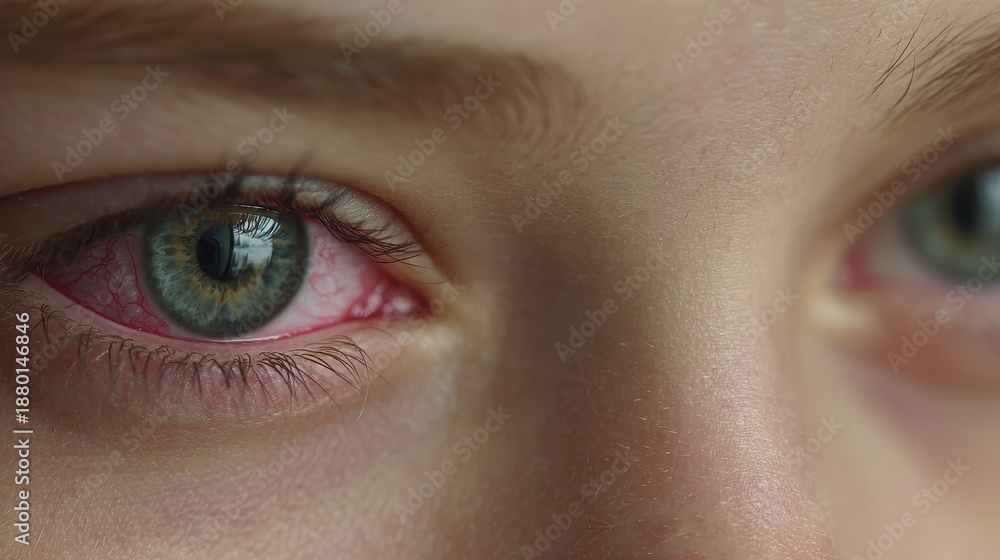 Naklejka premium Inflamed green eyes of a teenager with tiredness and red veins seen up close wearing contacts