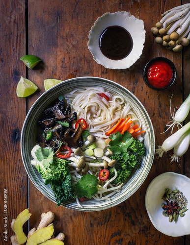Vegetarian Pho Noodle Soup with Mushrooms, Herbs, and Rice Noodles