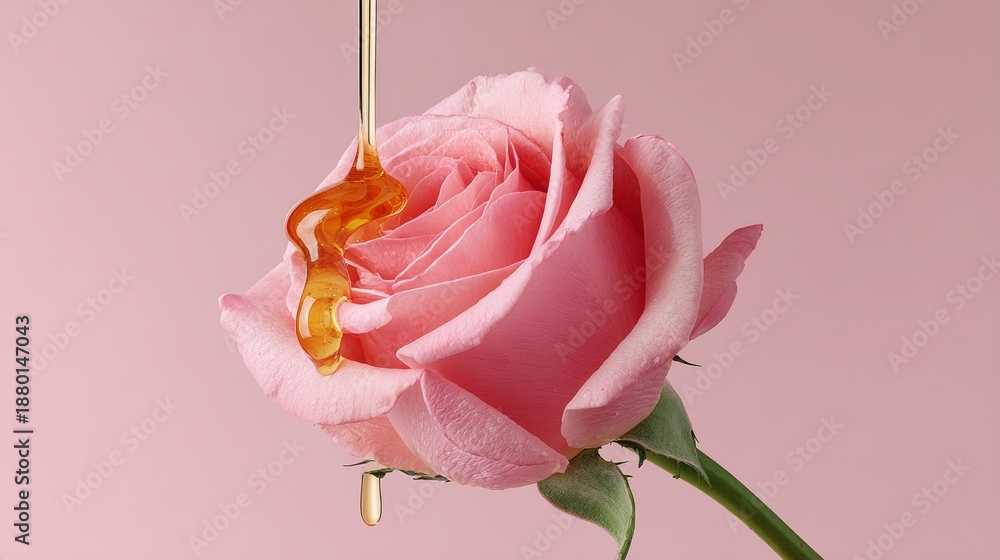 Fototapeta premium A rose with honey dripping from it. The honey is golden and the rose is pink. Concept of sweetness and beauty