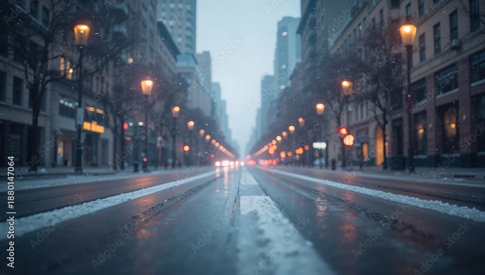Fototapeta premium City Street Scene at Dusk With Traffic and Wet Pavement in Urban Setting