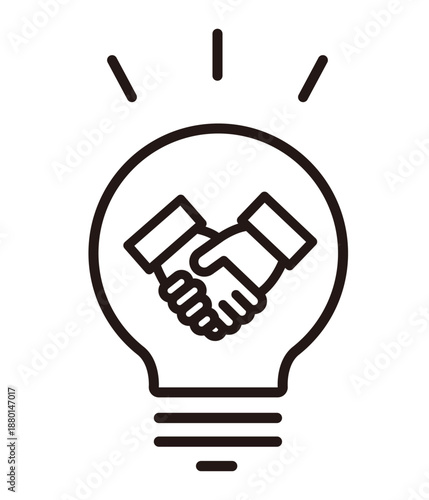 握手するビジネスマンと電球。商談成立、パートナーシップ、ビジネスのアイコン。Businessmen shaking hands and a light bulb.