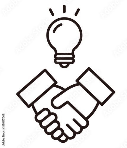 握手するビジネスマンと電球。商談成立、パートナーシップ、ビジネスのアイコン。Businessmen shaking hands and a light bulb.