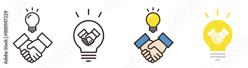 握手するビジネスマンと電球。商談成立、パートナーシップ、ビジネスのアイコン。Businessmen shaking hands and a light bulb.