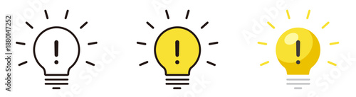 電球のアイコン。気づき、発見、ひらめきのデザイン。ビックリマークとランプ。Light bulb icon.
