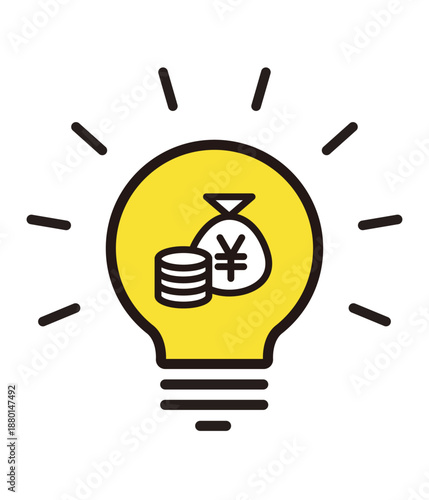 電気代、光熱費のイラスト。電球のアイコン。節電、電力、生活費のデザイン。