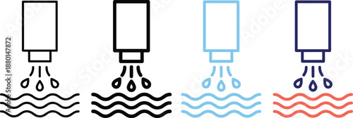 Water filtration and purification process icon illustration showing liquid flow, droplets, clean water output, industrial filter stages, and environmental or household water treatment concept