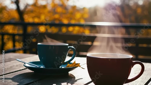 Wallpaper Mural Two Steaming Coffee Cups on a Wooden Table During Autumn Sunset with Warm Colors and Soft Bokeh. Seamless looping 4k video background  Torontodigital.ca