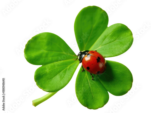 A small ladybug sits on the top of a green leaf, showcasing its red and black coloration