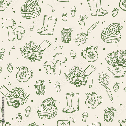 Wallpaper Mural Cottagecore seamless pattern with green coquette hand drawn doodles. Gardening elegance design. Vintage cottagecore print for fabric Torontodigital.ca
