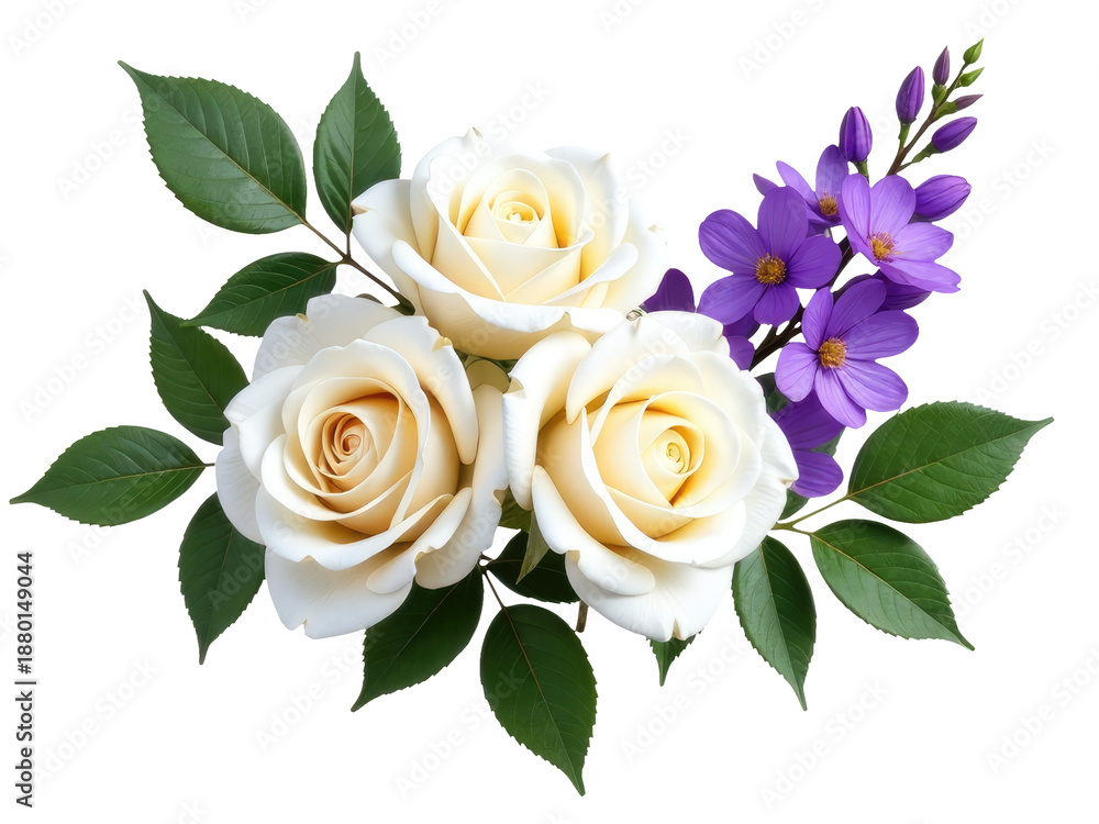 Fototapeta premium A beautiful arrangement of white roses and purple flowers