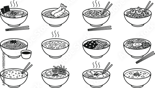 Set of 12 Asian Noodle Soup Bowls Line Art Vector Icons