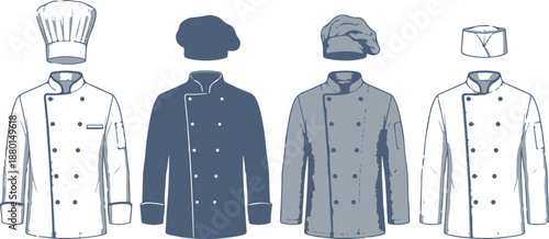 Set of 4 Chef Uniforms and Hats Vector Illustration