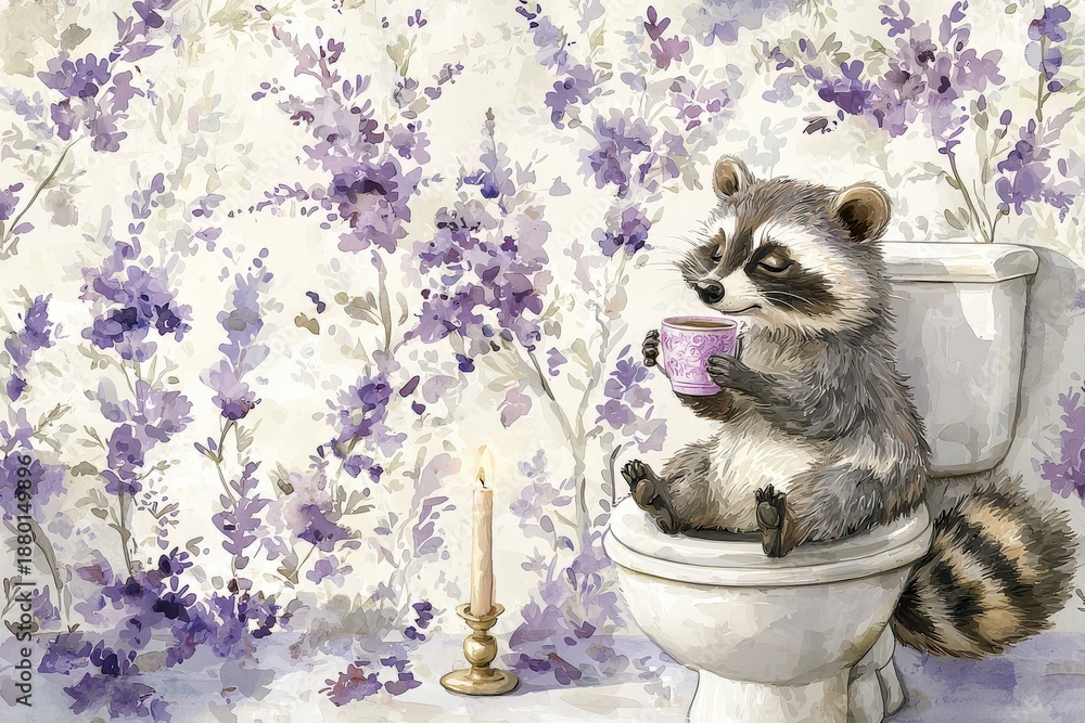 Obraz premium Raccoon sitting on toilet with cup of tea in bathroom with flowers on wall in a cozy setting
