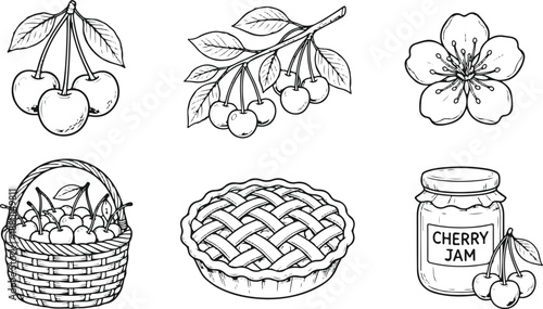 Set of 6 Cherry Fruit and Dessert Line Art Icons Vector