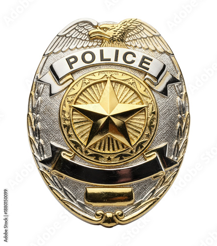 Silver and Gold Police Officer Badge with Star and Eagle Isolated on Transparent and White Background
