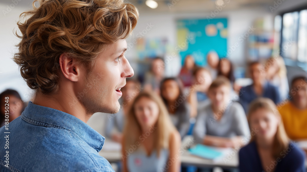 Obraz premium High school student giving presentation to classmates and teacher, faceless presenter, classroom education, academic speech, peer learning, defocused audience background, with copy